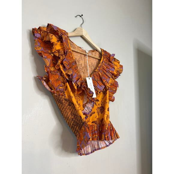 NWT Love The Label Floral Printed Beryl Orange Mango Blouse Top Size: XS - Picture 3 of 8